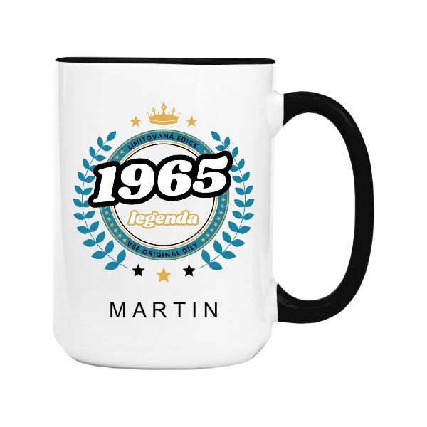 Hrnek velký barevný s potiskem 1965 limitovaná edice legenda věnec se jménem
