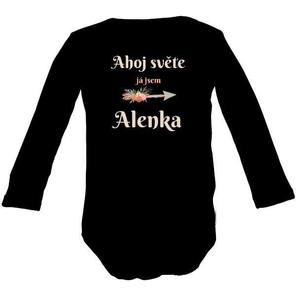 Dětské body Long  s potiskem Ahoj světe boho květinový šíp a jméno miminka