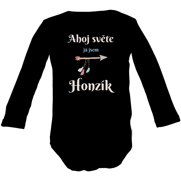 Dětské body Long  s potiskem Ahoj světe boho šíp a jméno miminka