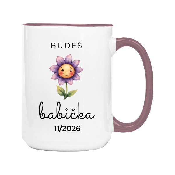Budeš babička s veselou květinou a datem narození miminka