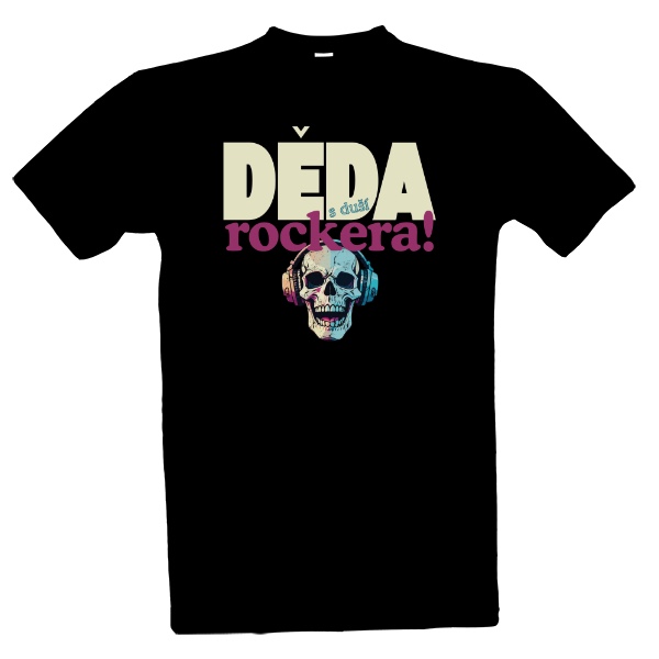 Tričko s potiskem Děda s duší rockera s barevnou lebkou se sluchátky