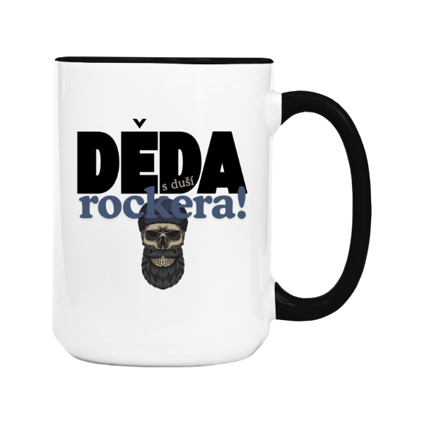 Hrnek velký barevný s potiskem Děda s duší rockera s vousatou lebkou