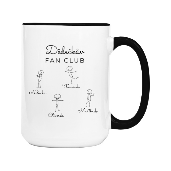 Hrnek velký barevný s potiskem Dědečkův fan club se jmény jeho čtyř vnoučat