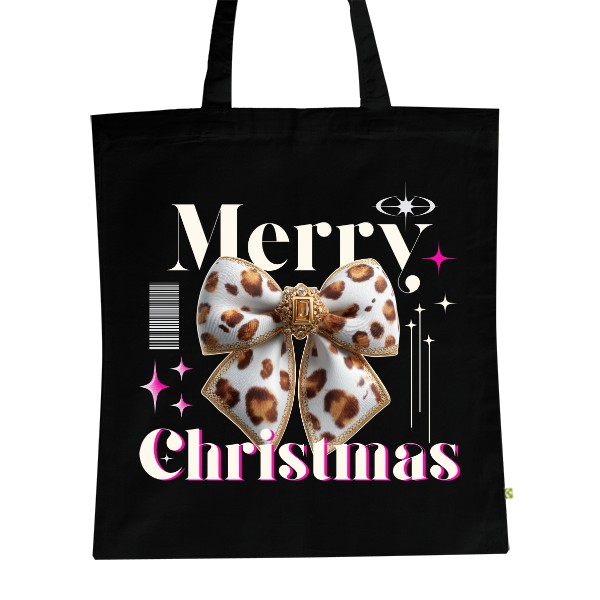 BIO plátěná taška s potiskem Merry Christmas s mašlí s leopardím vzorem