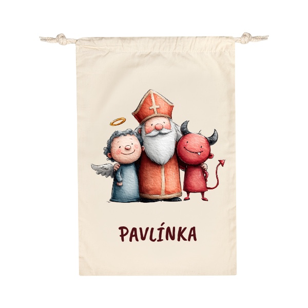 Bavlněný pytlík s potiskem Mikuláš, čert a anděl se jménem dítěte