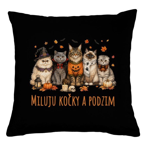 Polštář bavlněný  s potiskem Miluju kočky a podzim
