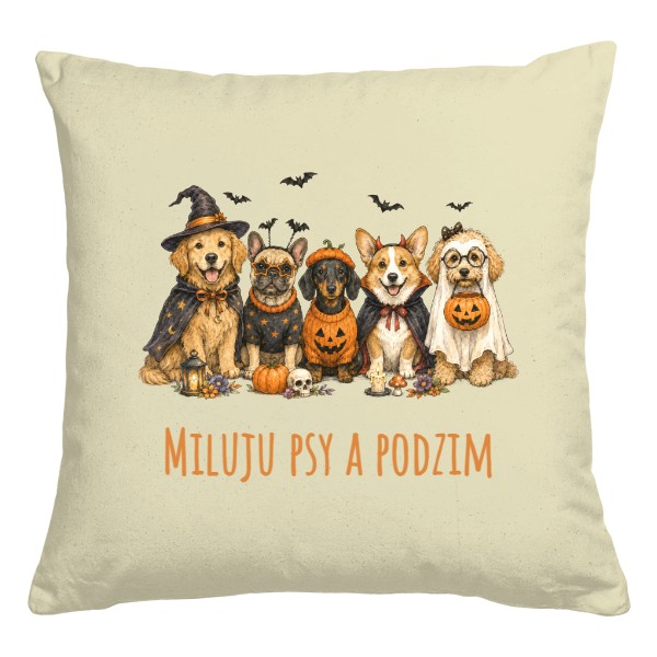 Polštář bavlněný  s potiskem Miluju psy a podzim