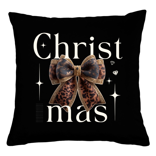 Polštář bavlněný  s potiskem Nápis Christmas leopardí zlatá mašle