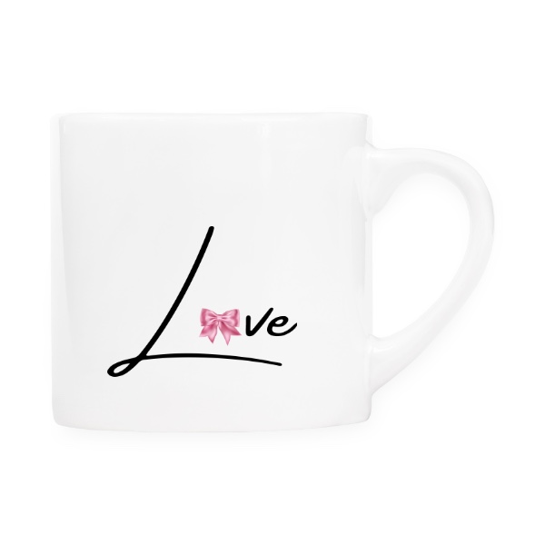 Hrnek espresso (Lungo) s potiskem Nápis Love s růžovou mašlí