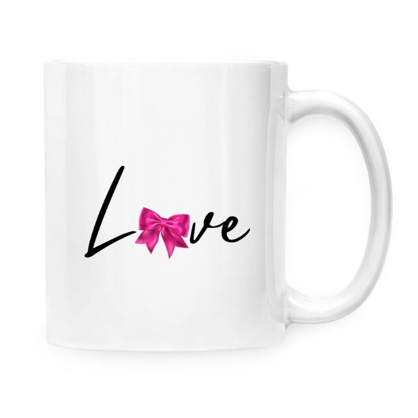 Hrnek malý bílý s potiskem Nápis Love s tmavě růžovou mašlí