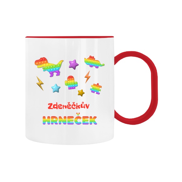 Dětský hrnek plastový  s potiskem Pop it design s dinosaurem a upravitelným jménem