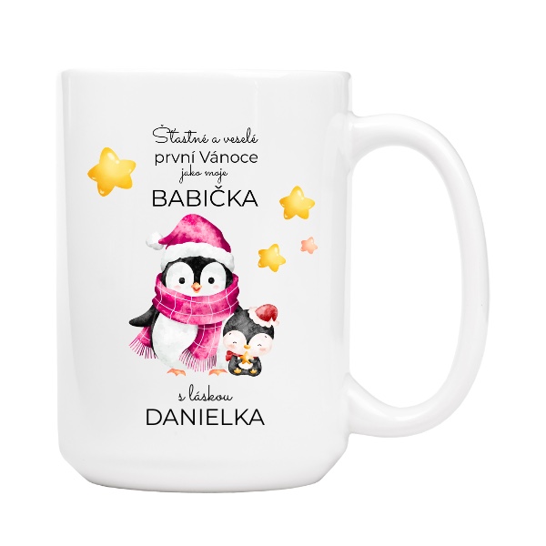 Hrnek velký bílý s potiskem První Vánoce jako babička se jménem vnoučete a rokem