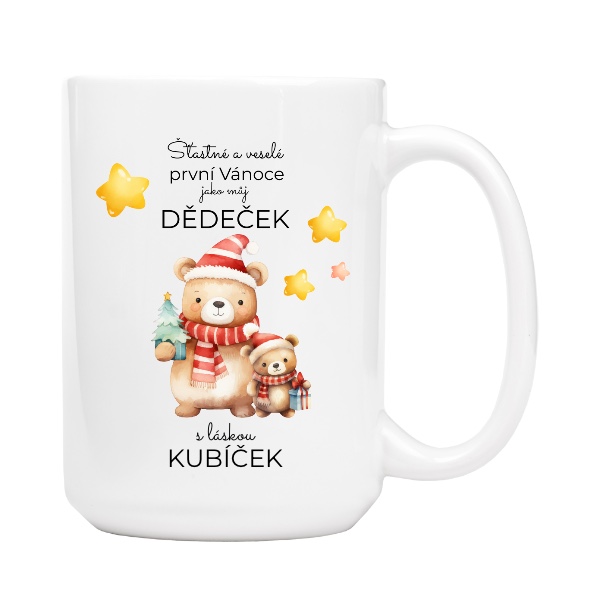 Hrnek velký bílý s potiskem První Vánoce jako dědeček se jménem vnoučete a rokem
