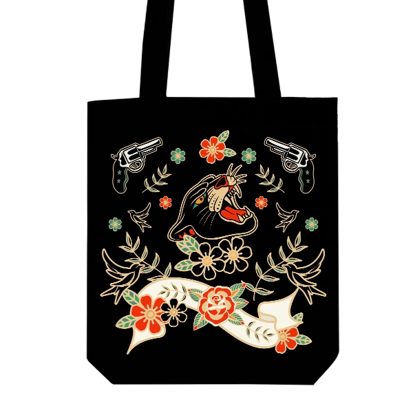 Taška z bio bavlny s potiskem Retro Wild Soul černý panter rockabilly styl
