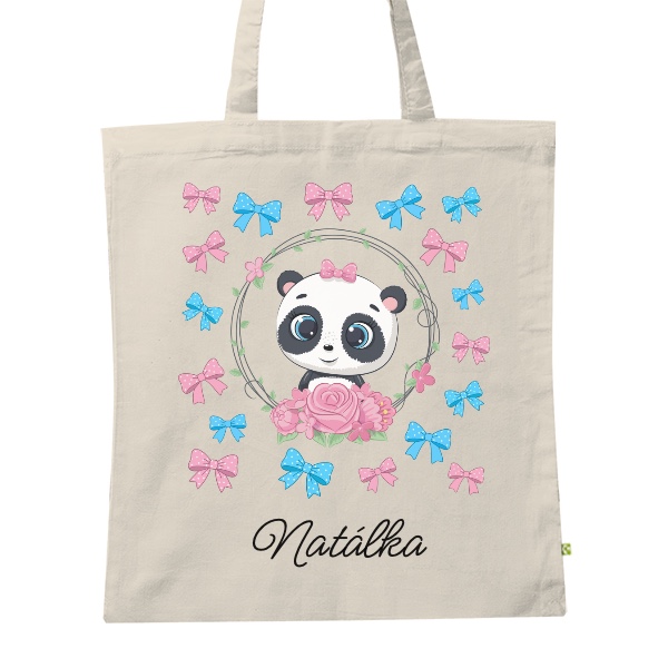 Roztomilá panda holčička s mašlemi a se jménem