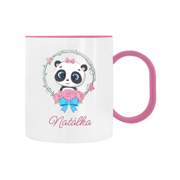 Dětský hrnek plastový  s potiskem Roztomilá panda holčička s mašlí a se jménem