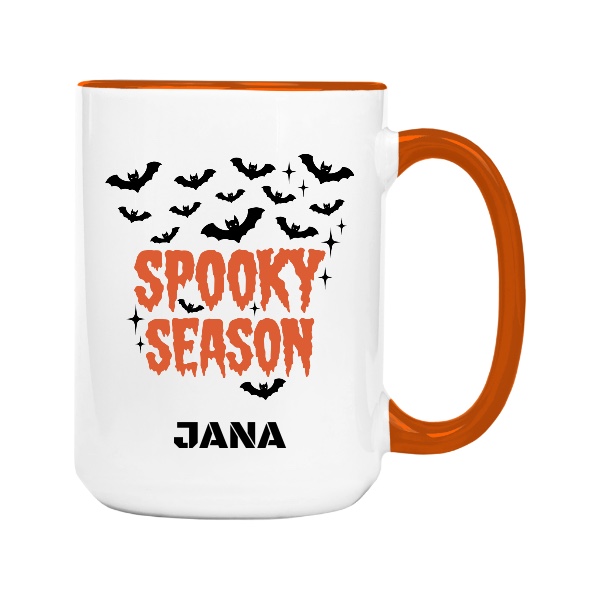 Hrnek velký barevný s potiskem Strašidelný nápis Spooky Season se jménem