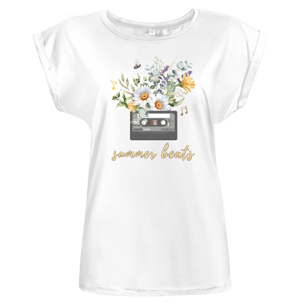 Tričko s potiskem Summer Beats audio kazeta s letními květinami