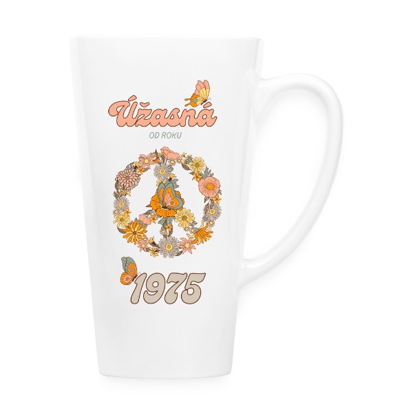 Hrnek latté s potiskem Úžasná od roku 1975 motýlci peace