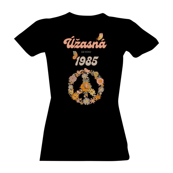 Tričko s potiskem Úžasná od roku 1985 boho motýlci a znak míru