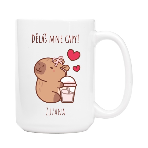 Hrnek velký bílý s potiskem Zamilovaná capybara se jménem pro dívku