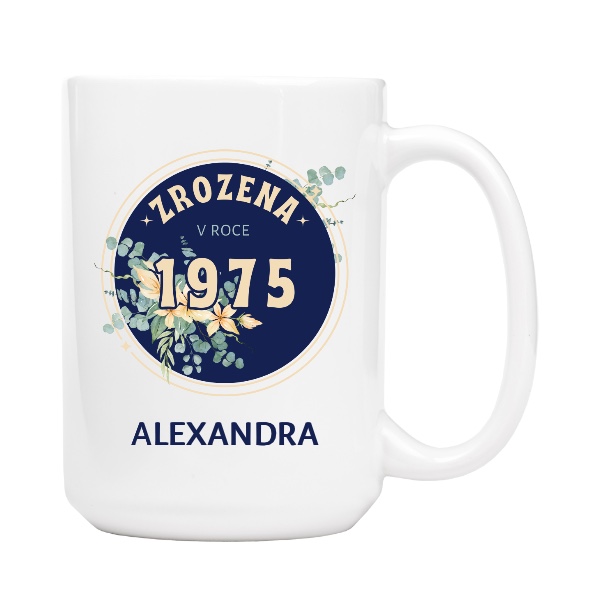 Hrnek velký bílý s potiskem Zrozena v roce 1975 boho kytice se jménem