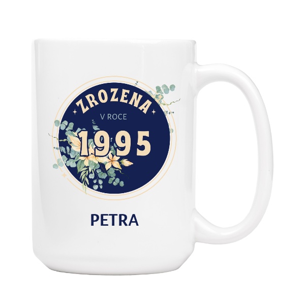 Hrnek velký bílý s potiskem Zrozena v roce 1995 boho kytice se jménem